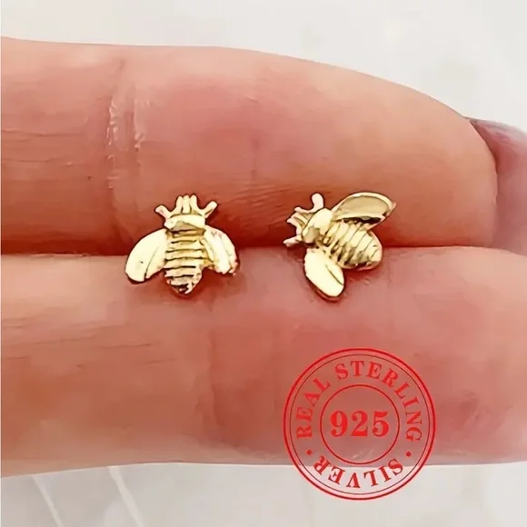 Sterling Silver Gold Bee Stud Earrings - Picture 2 of 3